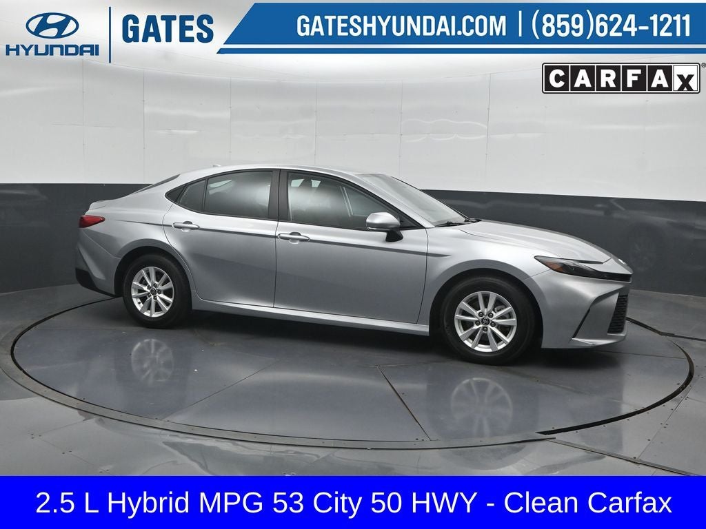2025 Toyota Camry LE in Celestial Silver Metallic — front three-quarter view
