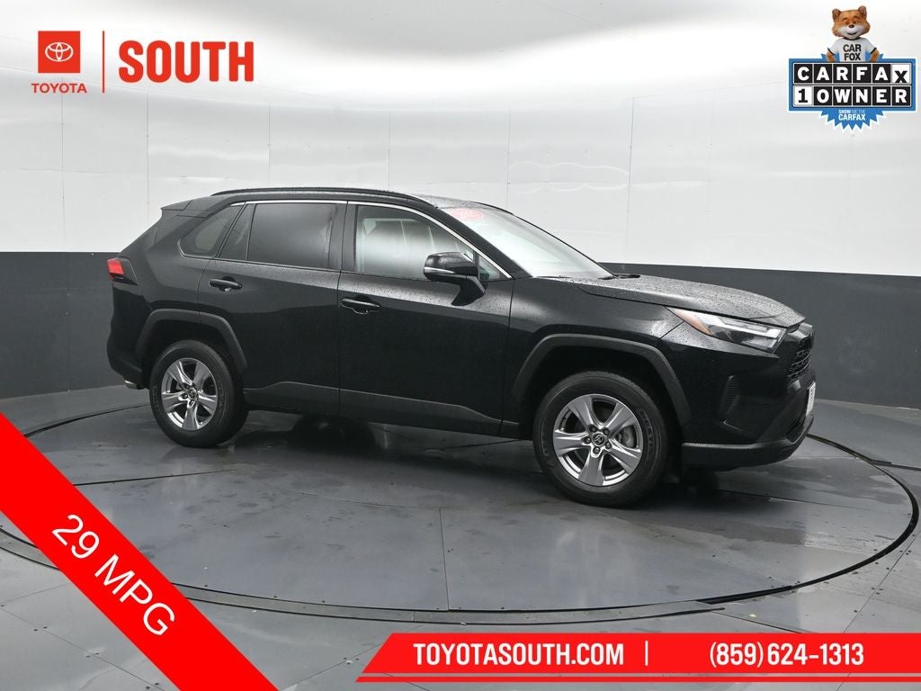 2025 Toyota RAV4 XLE in Midnight Black Metallic — front three-quarter view