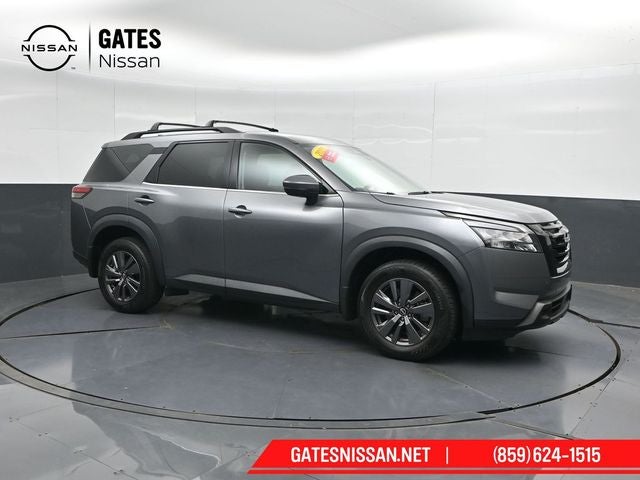 2023 Nissan Pathfinder SV in Gun Metallic — front three-quarter view