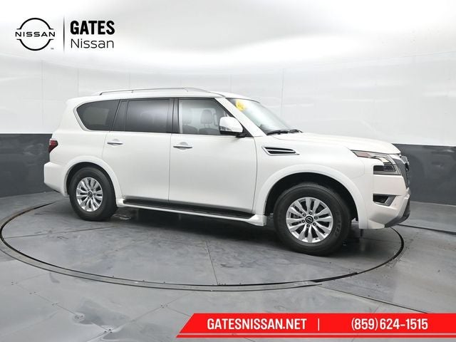 2024 Nissan Armada SV in Aspen White Tricoat — front three-quarter view
