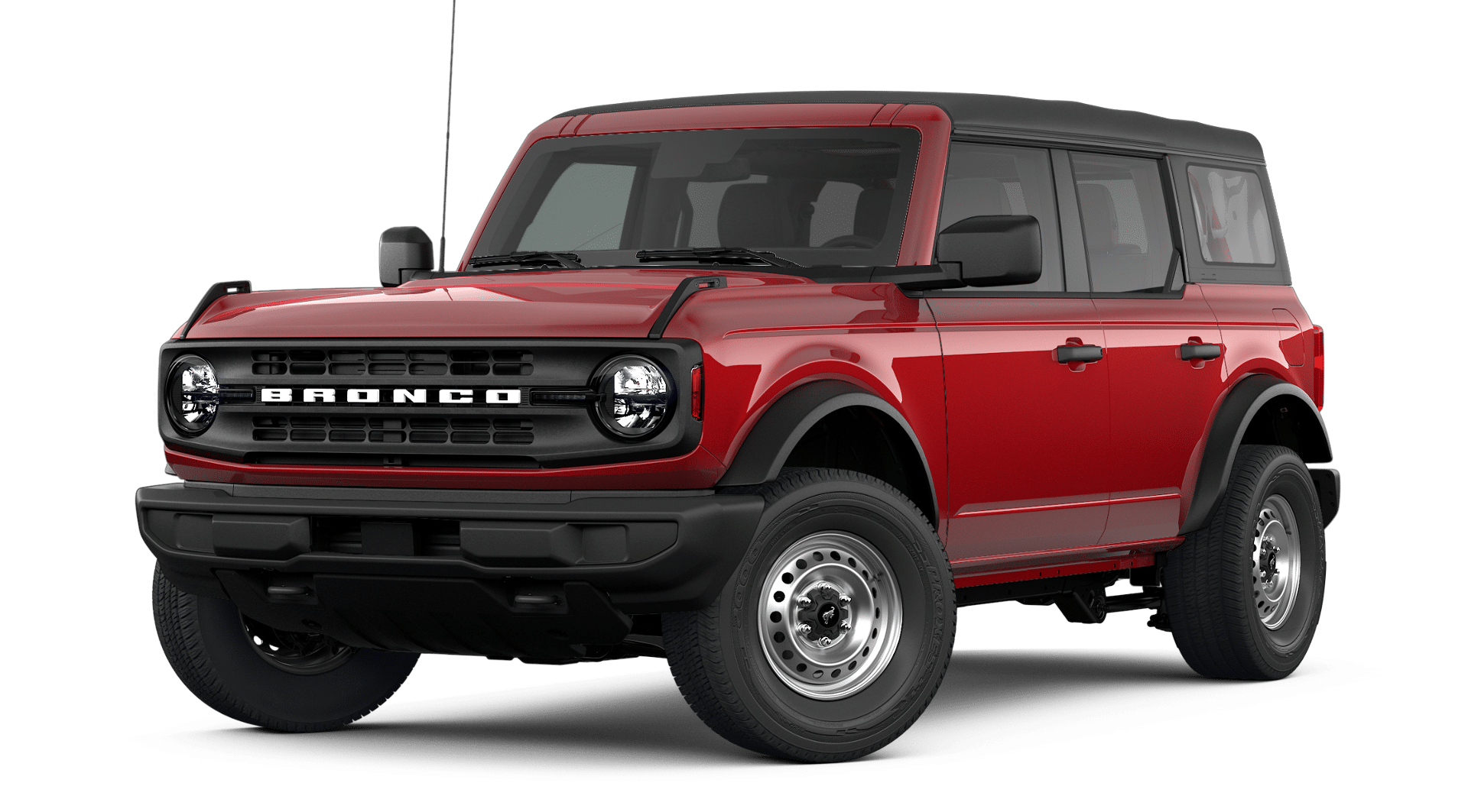 2026 Ford Bronco Base in Ruby Red Metallic Tinted Clearcoat — front three-quarter view