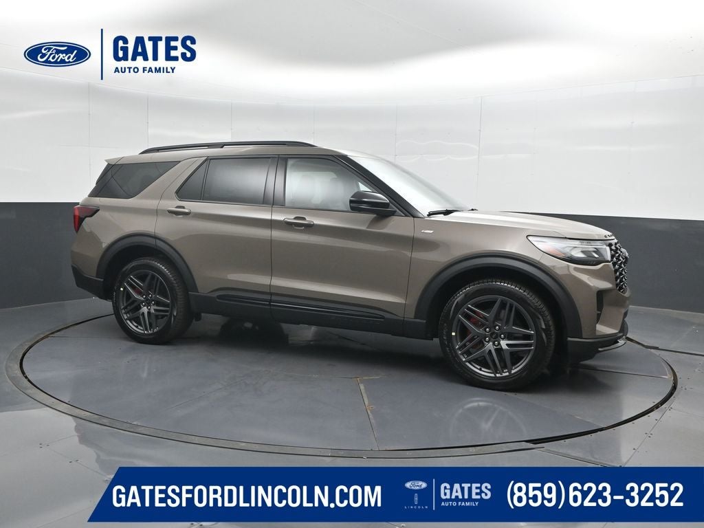 2026 Ford Explorer ST-Line in Marsh Gray — front three-quarter view