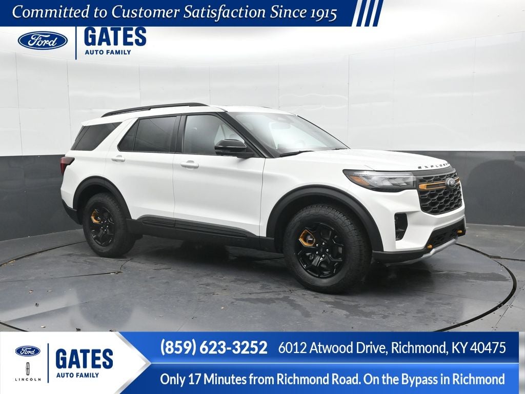 2026 Ford Explorer Tremor in Star White Metallic Tri-Coat — front three-quarter view
