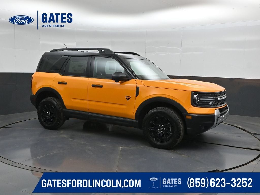 2026 Ford Bronco Sport Badlands in Orange Fury Metallic Tri-Coat — front three-quarter view