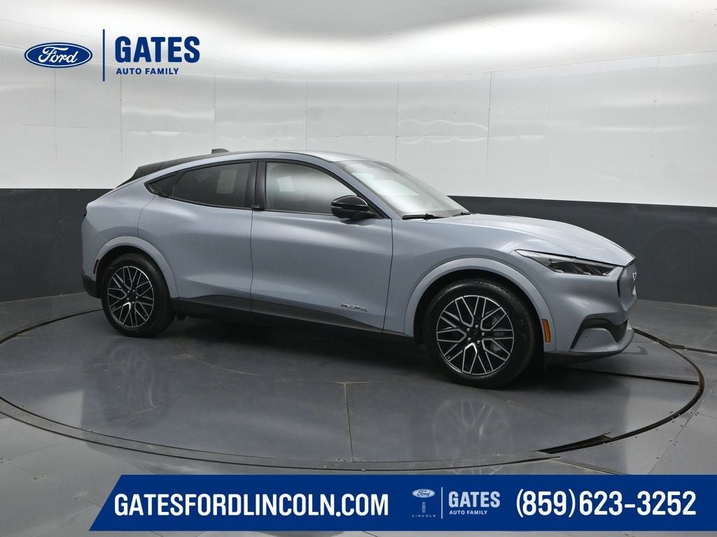 2026 Ford Mustang Mach-E Premium in Glacier Gray Metallic Tri-Coat — front three-quarter view