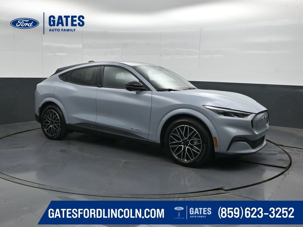 2026 Ford Mustang Mach-E Premium in Glacier Gray Metallic Tri-Coat — front three-quarter view